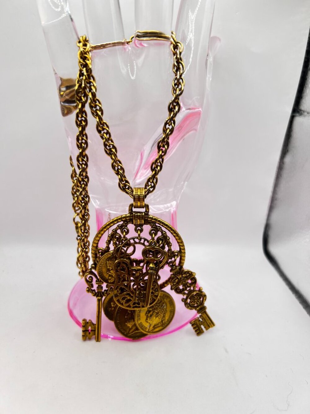 Vintage Gold Tone Pendant layered with coins, key and lock charms necklace